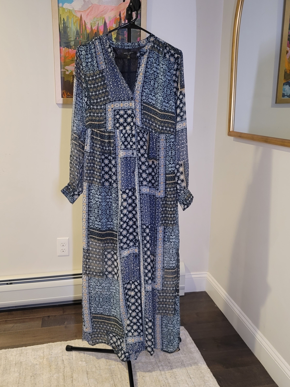 NWOT Bohemian Blue Patchwork Shirt Dress Indie Vintage Inspired 1970s Size S